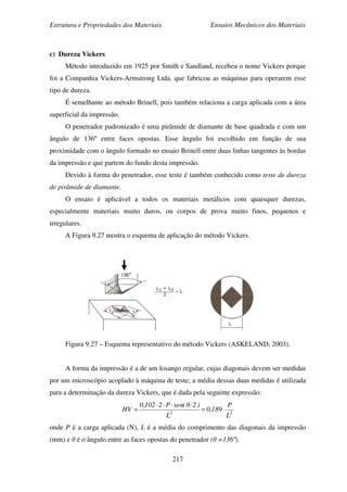 Estrutura e Propriedades dos Materiais Ensaios Mecânicos dos Materiais
217
c) Dureza Vickers
Método introduzido em 1925 por Smith e Sandland, recebeu o nome Vickers porque
foi a Companhia Vickers-Armstrong Ltda. que fabricou as máquinas para operarem esse
tipo de dureza.
É semelhante ao método Brinell, pois também relaciona a carga aplicada com a área
superficial da impressão.
O penetrador padronizado é uma pirâmide de diamante de base quadrada e com um
ângulo de 136º entre faces opostas. Esse ângulo foi escolhido em função de sua
proximidade com o ângulo formado no ensaio Brinell entre duas linhas tangentes às bordas
da impressão e que partem do fundo desta impressão.
Devido à forma do penetrador, esse teste é também conhecido como teste de dureza
de pirâmide de diamante.
O ensaio é aplicável a todos os materiais metálicos com quaisquer durezas,
especialmente materiais muito duros, ou corpos de prova muito finos, pequenos e
irregulares.
A Figura 9.27 mostra o esquema de aplicação do método Vickers.
Figura 9.27 – Esquema representativo do método Vickers (ASKELAND, 2003).
A forma da impressão é a de um losango regular, cujas diagonais devem ser medidas
por um microscópio acoplado à máquina de teste; a média dessas duas medidas é utilizada
para a determinação da dureza Vickers, que é dada pela seguinte expressão:
22
L
P
189,0
L
)2θ(senP2102,0
HV ⋅=
⋅⋅⋅
=
onde P é a carga aplicada (N), L é a média do comprimento das diagonais da impressão
(mm) e θ é o ângulo entre as faces opostas do penetrador (θ =136º).
 