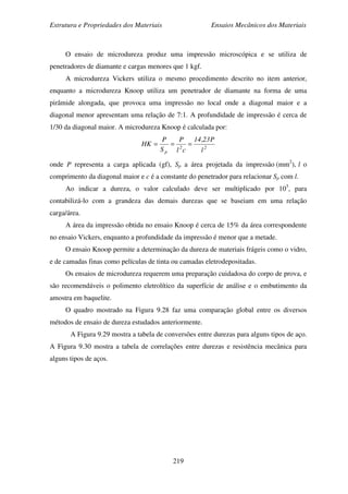 Estrutura e Propriedades dos Materiais Ensaios Mecânicos dos Materiais
219
O ensaio de microdureza produz uma impressão microscópica e se utiliza de
penetradores de diamante e cargas menores que 1 kgf.
A microdureza Vickers utiliza o mesmo procedimento descrito no item anterior,
enquanto a microdureza Knoop utiliza um penetrador de diamante na forma de uma
pirâmide alongada, que provoca uma impressão no local onde a diagonal maior e a
diagonal menor apresentam uma relação de 7:1. A profundidade de impressão é cerca de
1/30 da diagonal maior. A microdureza Knoop é calculada por:
22
p l
P23,14
cl
P
S
P
HK ===
onde P representa a carga aplicada (gf), Sp a área projetada da impressão (mm2
), l o
comprimento da diagonal maior e c é a constante do penetrador para relacionar Sp com l.
Ao indicar a dureza, o valor calculado deve ser multiplicado por 103
, para
contabilizá-lo com a grandeza das demais durezas que se baseiam em uma relação
carga/área.
A área da impressão obtida no ensaio Knoop é cerca de 15% da área correspondente
no ensaio Vickers, enquanto a profundidade da impressão é menor que a metade.
O ensaio Knoop permite a determinação da dureza de materiais frágeis como o vidro,
e de camadas finas como películas de tinta ou camadas eletrodepositadas.
Os ensaios de microdureza requerem uma preparação cuidadosa do corpo de prova, e
são recomendáveis o polimento eletrolítico da superfície de análise e o embutimento da
amostra em baquelite.
O quadro mostrado na Figura 9.28 faz uma comparação global entre os diversos
métodos de ensaio de dureza estudados anteriormente.
A Figura 9.29 mostra a tabela de conversões entre durezas para alguns tipos de aço.
A Figura 9.30 mostra a tabela de correlações entre durezas e resistência mecânica para
alguns tipos de aços.
 
