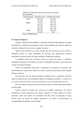 Estrutura e Propriedades dos Materiais Ensaios Mecânicos dos Materiais
227
Tabela 9.14- Dimensões dos corpos de prova ensaiados
em compressão.
Corpo de prova Diâmetro (mm) Comprimento (mm)
Curto 30 ± 0,2
13 ± 0,2
25 ± 1,0
25 ± 0,1
Médio 13 ± 0,2
20 ± 0,2
25 ± 0,2
30 ± 0,2
38 ± 1,0
60 ± 3,0
75 ± 3,0
85 ± 3,0
Longo 20 ± 0,2
32 ± 0,2
160 ± 3,0
320
Fonte: ASTM E9-89a.
9.4 Ensaio de Impacto
Durante a Segunda Guerra Mundial, o fenômeno da fratura frágil despertou a atenção
de projetistas e engenheiros metalúrgicos devido à alta incidência desse tipo de fratura em
estruturas soldadas de aço de navios e tanques de guerra.
Alguns navios partiam-se ao meio, mesmo que não estivessem em mar aberto e
turbulento, apesar de serem construídos de aços-liga que apresentavam razoável
ductilidade, conforme ensaios de tração realizados à temperatura ambiente.
A incidência desse tipo de fratura ocorria nos meses de inverno, e problemas
semelhantes já haviam sido relatados em linhas de tubulações de petróleo, vasos de pressão
e pontes de estrutura metálica.
Todos esses problemas motivaram a implantação de programas de pesquisas que
determinassem as causas dessas falhas em serviço e indicassem providências para impedir
futuras ocorrências.
Foi observado que três fatores principais contribuem para o surgimento da fratura
frágil em materiais que são normalmente dúcteis à temperatura ambiente: a existência de
um estado triaxial de tensões, as baixas temperaturas e a taxa de deformação elevada.
Esses três fatores não precisam necessariamente atuar ao mesmo tempo para produzir
a fratura frágil.
Estados triaxiais de tensão que ocorrem em entalhes, juntamente com baixas
temperaturas, foram responsáveis por muitas situações de fratura frágil em serviço;
entretanto, como esses efeitos são acentuados sob altas taxas de aplicação de carga,
diversos tipos de ensaios de impacto passaram a ser usados na determinação da
susceptibilidade de materiais à fratura frágil.
 