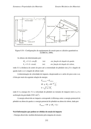 Estrutura e Propriedades dos Materiais Ensaios Mecânicos dos Materiais
232
Figura 9.34 – Configurações do equipamento de ensaio para os cálculos quantitativos
(GARCIA, 2000).
As alturas são determinadas por:
.)()cos1(
.)()cos1(
rebotedeângulodofunçãoemmSh
quedadeângulodofunçãoemmSH
r
q
α
β
−⋅=
−⋅=
onde S é a distância do centro do peso até a extremidade do pêndulo (m); β é o ângulo de
queda (rad) e α é o ângulo de rebote (rad).
A determinação da velocidade de impacto, desprezando-se o atrito do peso com o ar,
é feita por meio da seguinte relação de energia:
q
q
cinéticapotencial
HgV
VMHgM
EE
⋅⋅=
⋅=⋅⋅
=
2
2
2
onde E é a energia (J); V é a velocidade do pêndulo no instante do impacto (m/s) e g é a
aceleração da gravidade (9,81 m/s2
).
A energia absorvida no impacto corresponde à diferença entre a energia potencial do
pêndulo na altura de queda e a energia potencial do pêndulo na altura de rebote, dada por:
)( rqimpacto hHgME −⋅⋅=
9.4.4 Informações que podem ser obtidas do ensaio de impacto
− Energia absorvida: medida diretamente pela máquina de ensaio;
 