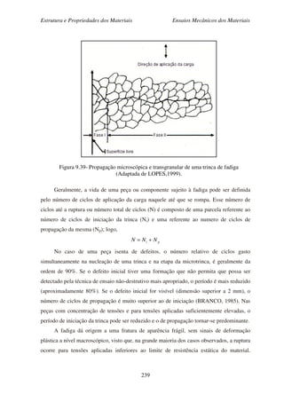 Estrutura e Propriedades dos Materiais Ensaios Mecânicos dos Materiais
239
Figura 9.39- Propagação microscópica e transgranular de uma trinca de fadiga
(Adaptada de LOPES,1999).
Geralmente, a vida de uma peça ou componente sujeito à fadiga pode ser definida
pelo número de ciclos de aplicação da carga naquele até que se rompa. Esse número de
ciclos até a ruptura ou número total de ciclos (N) é composto de uma parcela referente ao
número de ciclos de iniciação da trinca (Ni) e uma referente ao numero de ciclos de
propagação da mesma (Np); logo,
pi NNN +=
No caso de uma peça isenta de defeitos, o número relativo de ciclos gasto
simultaneamente na nucleação de uma trinca e na etapa da microtrinca, é geralmente da
ordem de 90%. Se o defeito inicial tiver uma formação que não permita que possa ser
detectado pela técnica de ensaio não-destrutivo mais apropriado, o período é mais reduzido
(aproximadamente 80%). Se o defeito inicial for visível (dimensão superior a 2 mm), o
número de ciclos de propagação é muito superior ao de iniciação (BRANCO, 1985). Nas
peças com concentração de tensões e para tensões aplicadas suficientemente elevadas, o
período de iniciação da trinca pode ser reduzido e o de propagação tornar-se predominante.
A fadiga dá origem a uma fratura de aparência frágil, sem sinais de deformação
plástica a nível macroscópico, visto que, na grande maioria dos casos observados, a ruptura
ocorre para tensões aplicadas inferiores ao limite de resistência estática do material.
 