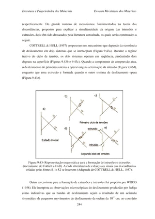Estrutura e Propriedades dos Materiais Ensaios Mecânicos dos Materiais
244
respectivamente. Do grande numero de mecanismos fundamentados na teoria das
discordâncias, propostos para explicar a simultaneidade da origem das intrusões e
extrusões, dois têm sido destacados pela literatura consultada, os quais serão comentados a
seguir.
COTTRELL & HULL (1957) propuseram um mecanismo que depende da ocorrência
de deslizamento em dois sistemas que se interceptam (Figura 9.43a). Durante o regime
trativo do ciclo de tensões, os dois sistemas operam em seqüência, produzindo dois
degraus na superfície (Figuras 9.43b e 9.43c). Quando a componente de compressão atua,
o deslizamento do primeiro sistema a operar origina a formação da intrusão (Figura 9.43d),
enquanto que uma extrusão e formada quando o outro sistema de deslizamento opera
(Figura 9.43e).
Figura 9.43- Representação esquemática para a formação de intrusões e extrusões
(mecanismo de Cottrell e Hull). A cada alternância de esforços os sinais das discordâncias
criadas pelas fontes S1 e S2 se invertem (Adaptada de COTTRELL & HULL, 1957).
Outro mecanismo para a formação de extrusões e intrusões foi proposto por WOOD
(1958). Ele interpreta as observações microsc6picas do deslizamento produzido por fadiga
como indicativas que as bandas de deslizamento sejam o resultado de um acúmulo
sistemático de pequenos movimentos de deslizamento da ordem da 10-7
cm, ao contrário
 