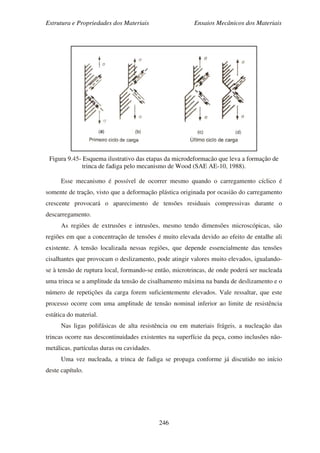 Estrutura e Propriedades dos Materiais Ensaios Mecânicos dos Materiais
246
Figura 9.45- Esquema ilustrativo das etapas da microdeformacão que leva a formação de
trinca de fadiga pelo mecanismo de Wood (SAE AE-10, 1988).
Esse mecanismo é possível de ocorrer mesmo quando o carregamento cíclico é
somente de tração, visto que a deformação plástica originada por ocasião do carregamento
crescente provocará o aparecimento de tensões residuais compressivas durante o
descarregamento.
As regiões de extrusões e intrusões, mesmo tendo dimensões microscópicas, são
regiões em que a concentração de tensões é muito elevada devido ao efeito de entalhe ali
existente. A tensão localizada nessas regiões, que depende essencialmente das tensões
cisalhantes que provocam o deslizamento, pode atingir valores muito elevados, igualando-
se à tensão de ruptura local, formando-se então, microtrincas, de onde poderá ser nucleada
uma trinca se a amplitude da tensão de cisalhamento máxima na banda de deslizamento e o
número de repetições da carga forem suficientemente elevados. Vale ressaltar, que este
processo ocorre com uma amplitude de tensão nominal inferior ao limite de resistência
estática do material.
Nas ligas polifásicas de alta resistência ou em materiais frágeis, a nucleação das
trincas ocorre nas descontinuidades existentes na superfície da peça, como inclusões não-
metálicas, partículas duras ou cavidades.
Uma vez nucleada, a trinca de fadiga se propaga conforme já discutido no início
deste capítulo.
 