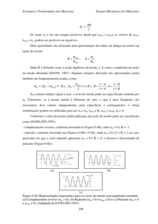 Estrutura e Propriedades dos Materiais Ensaios Mecânicos dos Materiais
249
2
a
σ∆
σ =
Os sinais σa e ∆σ são sempre positivos, desde que σmáx > σmin; os valores de σmáx,
σmin e σm podem ser positivos ou negativos.
Duas quantidades são utilizadas para apresentação dos dados de fadiga em termos da
razão de tensão:
máx
min
R
σ
σ
= ;
m
a
A
σ
σ
=
Onde R é definido como a razão algébrica da tensão, e A como a amplitude da razão
da tensão alternada (MANN, 1967). Algumas relações derivadas das apresentadas acima
também são freqüentemente usadas, como
)R1(2 máxam −== σσσ ; )R1(
2
máx
m +=
σ
σ ;
A1
A1
R
+
−
= ;
R1
R1
A
+
−
=
Se a tensão média é igual a zero, o ciclo de tensão pode ser especificado somente por
σa. Entretanto, se a tensão média é diferente de zero, o que é mais freqüente, são
necessários dois valores independentes para especificar o carregamento, e várias
combinações podem ser utilizadas para tal: σa e σm, σmáx e R, σmáx e σmin, σa e A.
Conforme o valor da tensão média aplicada, um ciclo de tensão pode ser classificado
como (DAWLING,1993):
- completamente reverso, conforme mostrado na Figura 9.48a, onde σm = 0 e R = -1.
- repetido, conforme mostrado nas Figuras 9.48b e 9.48c, onde σm ≠ 0 e 0 < R < 1; no caso
particular em que o ciclo repetido apresenta σm = 0 e R = 0, o mesmo é denominado de
pulsante (Figura 9.48c).
(a) (b)
(c)
Figura 9.48- Representação esquemática para os ciclos de tensão com amplitude constante:
(a) Completamente reverso (σm = 0); (b) Repetido (σm ≠ 0 e σmin ≠ 0) e (c) Pulsante (σm = 0
e σmin ≠ 0). (Adaptada de DAWLING,1993).
 