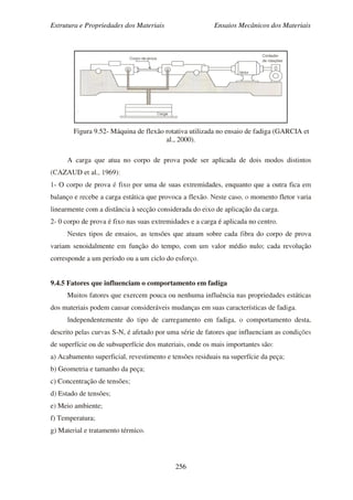 Estrutura e Propriedades dos Materiais Ensaios Mecânicos dos Materiais
256
Figura 9.52- Máquina de flexão rotativa utilizada no ensaio de fadiga (GARCIA et
al., 2000).
A carga que atua no corpo de prova pode ser aplicada de dois modos distintos
(CAZAUD et al., 1969):
1- O corpo de prova é fixo por uma de suas extremidades, enquanto que a outra fica em
balanço e recebe a carga estática que provoca a flexão. Neste caso, o momento fletor varia
linearmente com a distância à secção considerada do eixo de aplicação da carga.
2- 0 corpo de prova é fixo nas suas extremidades e a carga é aplicada no centro.
Nestes tipos de ensaios, as tensões que atuam sobre cada fibra do corpo de prova
variam senoidalmente em função do tempo, com um valor médio nulo; cada revolução
corresponde a um período ou a um ciclo do esforço.
9.4.5 Fatores que influenciam o comportamento em fadiga
Muitos fatores que exercem pouca ou nenhuma influência nas propriedades estáticas
dos materiais podem causar consideráveis mudanças em suas características de fadiga.
Independentemente do tipo de carregamento em fadiga, o comportamento desta,
descrito pelas curvas S-N, é afetado por uma série de fatores que influenciam as condições
de superfície ou de subsuperfície dos materiais, onde os mais importantes são:
a) Acabamento superficial, revestimento e tensões residuais na superfície da peça;
b) Geometria e tamanho da peça;
c) Concentração de tensões;
d) Estado de tensões;
e) Meio ambiente;
f) Temperatura;
g) Material e tratamento térmico.
 
