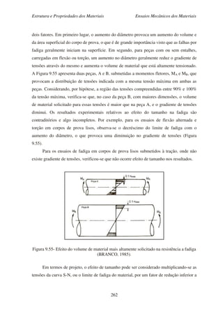 Estrutura e Propriedades dos Materiais Ensaios Mecânicos dos Materiais
262
dois fatores. Em primeiro lugar, o aumento do diâmetro provoca um aumento do volume e
da área superficial do corpo de prova, o que é de grande importância visto que as falhas por
fadiga geralmente iniciam na superfície. Em segundo, para peças com ou sem entalhes,
carregadas em flexão ou torção, um aumento no diâmetro geralmente reduz o gradiente de
tensões através do mesmo e aumenta o volume de material que está altamente tensionado.
A Figura 9.55 apresenta duas peças, A e B, submetidas a momentos fletores, MA e MB, que
provocam a distribuição de tensões indicada com a mesma tensão máxima em ambas as
peças. Considerando, por hipótese, a região das tensões compreendidas entre 90% e 100%
da tensão máxima, verifica-se que, no caso da peça B, com maiores dimensões, o volume
de material solicitado para essas tensões é maior que na peça A, e o gradiente de tensões
diminui. Os resultados experimentais relativos ao efeito do tamanho na fadiga são
contraditórios e algo incompletos. Por exemplo, para os ensaios de flexão alternada e
torção em corpos de prova lisos, observa-se o decréscimo do limite de fadiga com o
aumento do diâmetro, o que provoca uma diminuição no gradiente de tensões (Figura
9.55).
Para os ensaios de fadiga em corpos de prova lisos submetidos à tração, onde não
existe gradiente de tensões, verificou-se que não ocorre efeito de tamanho nos resultados.
Figura 9.55- Efeito do volume de material mais altamente solicitado na resistência a fadiga
(BRANCO, 1985).
Em termos de projeto, o efeito de tamanho pode ser considerado multiplicando-se as
tensões da curva S-N, ou o limite de fadiga do material, por um fator de redução inferior a
 
