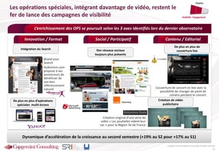 Social / Participatif Contenu / EditorialInnovation / Format
Copyright © 2013 Capgemini Consulting. All rights reserved.
Les opérations spéciales, intégrant davantage de vidéo, restent le
fer de lance des campagnes de visibilité
15
L’enrichissement des OPS se poursuit selon les 3 axes identifiés lors du dernier observatoire
Des réseaux sociaux
toujours plus présents
Dynamique d’accélération de la croissance au second semestre (+19% au S2 pour +17% au S1)
Contenu / Editorial
Création de vidéo
publicitaire
Couverture de concert en live avec la
possibilité de changer de point de
caméra pendant le concert
De plus en plus de
couverture live
Création original d’une série de
vidéo « Les poubelles vident leur
sac » pour la Région Ile de France
Intégration du Search
Brand your
Search
Aufeminin.com
propose à ses
annonceurs de
bénéficier de
son bon
référencement
naturel
De plus en plus d’opérations
spéciales multi-écrans
Display
EngagementVisibilité
 