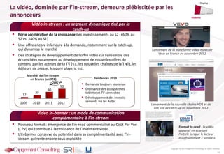 La vidéo, dominée par l’in-stream, demeure plébiscitée par les
annonceurs
Copyright © 2013 Capgemini Consulting. All rights reserved.
Vidéo in-stream : un segment dynamique tiré par la
catch-up
Vidéo in-banner : un mode de communication
complémentaire à l’in-stream
 Nouveau format : émergence de l’in-read commercialisé au Coût Par Vue
(CPV) qui contribue à la croissance de l’inventaire vidéo
 L’In-banner conserve du potentiel dans sa complémentarité avec l’in-
stream qui reste encore sous-exploitée
 Forte accélération de la croissance des investissements au S2 (+60% au
S2 vs. +40% au S1)
 Une offre encore inférieure à la demande, notamment sur la catch-up,
qui dynamise le marché
 Des stratégies de développement de l’offre vidéo sur l’ensemble des
écrans liées notamment au développement de nouvelles offres de
contenu par les acteurs de la TV (y.c. les nouvelles chaînes de la TNT), les
éditeurs de presse, les pure players, etc.
 Demande toujours soutenue
 Croissance des écosystèmes
tablette et TV connectée
 Développement des investis-
sements via les AdEx
Tendances 2013
Format In-read : la vidéo
apparait en écartant
l’article lorsque le lecteur
a suffisamment « scrollé »
16
Lancement de la plateforme vidéo musicale
Vevo en France en novembre 2012
Marché de l’in-stream
en France (en M€)
90
30
12
60
+50%
2012201120102009 Lancement de la nouvelle chaîne HD1 et de
son site de catch-up en novembre 2012
Display
Visibilité
 