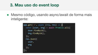 ● Mesmo código, usando async/await de forma mais
inteligente:
3. Mau uso do event loop
 