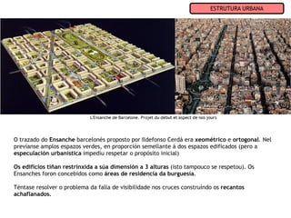 ESTRUTURA URBANA




O trazado do Ensanche barcelonés proposto por Ildefonso Cerdá era xeométrico e ortogonal. Nel
prevíanse amplos espazos verdes, en proporción semellante á dos espazos edificados (pero a
especulación urbanística impedíu respetar o propósito inicial)

Os edificios tiñan restrinxida a súa dimensión a 3 alturas (isto tampouco se respetou). Os
Ensanches foron concebidos como áreas de residencia da burguesía.

Téntase resolver o problema da falla de visibilidade nos cruces construíndo os recantos
achaflanados.
 