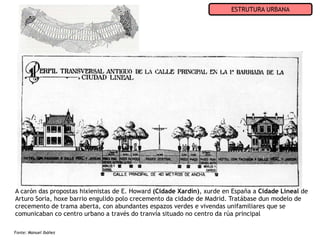 ESTRUTURA URBANA




A carón das propostas hixienistas de E. Howard (Cidade Xardín), xurde en España a Cidade Lineal de
Arturo Soria, hoxe barrio engulido polo crecemento da cidade de Madrid. Tratábase dun modelo de
crecemento de trama aberta, con abundantes espazos verdes e vivendas unifamiliares que se
comunicaban co centro urbano a través do tranvía situado no centro da rúa principal

Fonte: Manuel Ibáñez
 