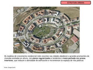 ESTRUTURA URBANA




Os modelos de crecemento residencial máis recentes nas cidades obedecen a grandes promocións de
vivendas acotadas en altura, con planos regularizados e tendentes á mazá pechada con prazas
interiores, que reducen a densidade de edificación e incrementan os espazos de vías públicas


Fonte: Google Earth
 