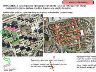 MORFOLOXÍA URBANA
A trama urbana é a disposición dos edificios: pode ser aberta (cando os edificios deixan amplos
    espazos entre eles) ou pechada (cando se dispoñen uns a carón dos outros)

A edificación pode ser colectiva (bloques de pisos) ou individual (unifamiliares)




                                                                                      O predominio de vivend
                                                                                      carón dos espazos verde
                                Os amplos espazos de aparcamento entre                característico da Cidade
                                os bloques de edificios de vivenda colectiva          Como cidade planificada
                                definen unha trama aberta                             seu plano é ortogonal
 Fontes: Google Earth e
 Manuel Ibáñez
 