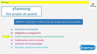eTwinning
1) Innovation et Créativité
2) Intégration au programme
3) Communication et échanges entre les participants
4) Collaboration entre les écoles
5) Utilisation de la technologie
6) Résultats, impact et dissémination
OBJECTIF: Vous aider à mener à bien des projets eTwinning de qualité.
eTwinning
Des projets de qualité
 