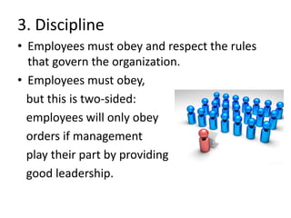 3. Discipline
• Employees must obey and respect the rules
that govern the organization.
• Employees must obey,
but this is two-sided:
employees will only obey
orders if management
play their part by providing
good leadership.
 