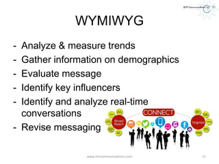WYMIWYG
- Analyze & measure trends
- Gather information on demographics
- Evaluate message
- Identify key influencers
- Identify and analyze real-time
conversations
- Revise messaging
www.rlmcommunications.com 21
 