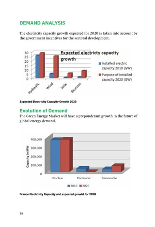 58
Demand Analysis
The electricity capacity growth expected for 2020 is taken into account by
the government incentives for the sectoral development.
Expected Electricity Capacity Growth 2020
Evolution of Demand
The Green Energy Market will have a preponderant growth in the future of
global energy demand.
France Electrivity Capacity and expected growht for 2020
 