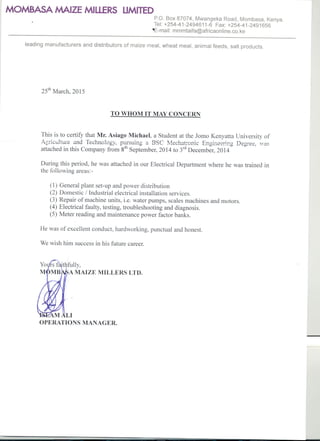 Mombasa Maize Millers Recomendation Letter