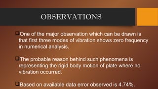 OBSERVATIONS
One of the major observation which can be drawn is
that first three modes of vibration shows zero frequency
in numerical analysis.
The probable reason behind such phenomena is
representing the rigid body motion of plate where no
vibration occurred.
Based on available data error observed is 4.74%.
 