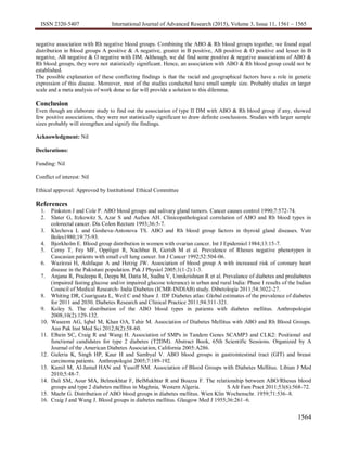 ISSN 2320-5407 International Journal of Advanced Research (2015), Volume 3, Issue 11, 1561 – 1565
1564
negative association with Rh negative blood groups. Combining the ABO & Rh blood groups together, we found equal
distribution in blood groups A positive & A negative, greater in B positive, AB positive & O positive and lesser in B
negative, AB negative & O negative with DM. Although, we did find some positive & negative associations of ABO &
Rh blood groups, they were not statistically significant. Hence, an association with ABO & Rh blood group could not be
established.
The possible explanation of these conflicting findings is that the racial and geographical factors have a role in genetic
expression of this disease. Moreover, most of the studies conducted have small sample size. Probably studies on larger
scale and a meta analysis of work done so far will provide a solution to this dilemma.
Conclusion
Even though an elaborate study to find out the association of type II DM with ABO & Rh blood group if any, showed
few positive associations, they were not statistically significant to draw definite conclusions. Studies with larger sample
sizes probably will strengthen and signify the findings.
Acknowledgment: Nil
Declarations:
Funding: Nil
Conflict of interest: Nil
Ethical approval: Approved by Institutional Ethical Committee
References
1. Pinkston J and Cole P. ABO blood groups and salivary gland tumors. Cancer causes control 1990;7:572-74.
2. Slater G, Itzkowitz S, Azar S and Aufses AH. Clinicopathological correlation of ABO and Rh blood types in
colorectal cancer. Dis Colon Rectum 1993;36:5-7.
3. Klechova L and Gosheva-Antonova TS. ABO and Rh blood group factors in thyroid gland diseases. Vutr
Boles1980;19:75-93.
4. Bjorkholm E. Blood group distribution in women with ovarian cancer. Int J Epidemiol 1984;13:15-7.
5. Cerny T, Fey MF, Oppliger R, Nachbur B, Gertsh M et al. Prevalence of Rhesus negative phenotypes in
Caucasian patients with small cell lung cancer. Int J Cancer 1992;52:504-06.
6. Wazirzai H, Ashfaque A and Herzig JW. Association of blood group A with increased risk of coronary heart
disease in the Pakistani population. Pak J Physiol 2005;1(1-2):1-3.
7. Anjana R, Pradeepa R, Deepa M, Datta M, Sudha V, Unnikrishnan R et al. Prevalance of diabetes and prediabetes
(impaired fasting glucose and/or impaired glucose tolerance) in urban and rural India: Phase Ι results of the Indian
Council of Medical Research- India Diabetes (ICMR-INDIAB) study. Dibetologia 2011;54:3022-27.
8. Whiting DR, Guariguata L, Weil C and Shaw J. IDF Diabetes atlas: Global estimates of the prevalence of diabetes
for 2011 and 2030. Diabetes Research and Clinical Practice 2011;94:311-321.
9. Koley S. The distribution of the ABO blood types in patients with diabetes mellitus. Anthropologist
2008;10(2):129-132.
10. Waseem AG, Iqbal M, Khan OA, Tahir M. Association of Diabetes Mellitus with ABO and Rh Blood Groups.
Ann Pak Inst Med Sci 2012;8(2):58-60.
11. Elbein SC, Craig R and Wang H. Association of SMPs in Tandem Genes SCAMP3 and CLK2: Positional and
functional candidates for type 2 diabetes (T2DM). Abstract Book, 65th Scientific Sessions. Organized by A
Journal of the American Diabetes Association, California 2005:A286.
12. Guleria K, Singh HP, Kaur H and Sambyal V. ABO blood groups in gastrointestinal tract (GIT) and breast
carcinoma patients. Anthropologist 2005;7:189-192.
13. Kamil M, Al-Jamal HAN and Yusoff NM. Association of Blood Groups with Diabetes Mellitus. Libian J Med
2010;5:48-7.
14. Dali SM, Aour MA, Belmokhtar F, BelMukhtar R and Boazza F. The relationship between ABO/Rhesus blood
groups and type 2 diabetes mellitus in Maghnia, Western Algeria. S Afr Fam Pract 2011;53(6):568-72.
15. Maehr G. Distribution of ABO blood groups in diabetes mellitus. Wien Klin Wochenschr. 1959;71:536–8.
16. Craig J and Wang J. Blood groups in diabetes mellitus. Glasgow Med J 1955;36:261–6.
 