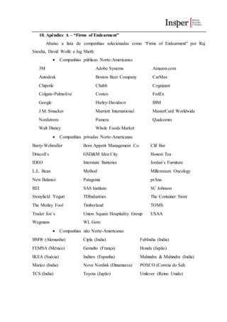 10. Apêndice A – “Firms of Endearment”
Abaixo a lista de companhias selecionadas como “Firms of Endearment” por Raj
Sisodia, David Wolfe e Jag Sheth:
 Companhias públicas Norte-Americanas
3M Adobe Systems Amazon.com
Autodesk Boston Beer Company CarMax
Chipotle Chubb Cognizant
Colgate-Palmolive Costco FedEx
Google Harley-Davidson IBM
J.M. Smucker Marriott International MasterCard Worldwide
Nordstrom Pamera Qualcomm
Walt Disney Whole Foods Market
 Companhias privadas Norte-Americanas
Barry-Wehmiller Bom Appetit Management Co. Clif Bar
Driscoll´s GSD&M Idea City Honest Tea
IDEO Interstate Batteries Jordan´s Furniture
L.L. Bean Method Millennium Oncology
New Balance Patagonia prAna
REI SAS Institute SC Johnson
Stonyfield Yogurt TDIndustries The Container Store
The Motley Fool Timberland TOMS
Trader Joe´s Union Square Hospitality Group USAA
Wegmans WL Gore
 Companhias não Norte-Americanas
BMW (Alemanha) Cipla (India) FabIndia (India)
FEMSA (México) Gemalto (França) Honda (Japão)
IKEA (Suécia) Inditex (Espanha) Mahindra & Mahindra (India)
Marico (India) Novo Nordisk (Dinamarca) POSCO (Correia do Sul)
TCS (India) Toyota (Japão) Unilever (Reino Unido)
 