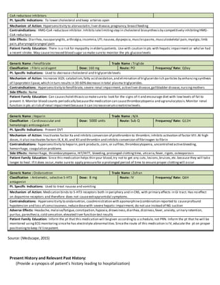 CoA reductase inhibitors
Pt. Specific Indications: To lower cholesterol and keep arteries open
Mechanism of Action: Hypersensitivity to atorvastatin,liver disease,pregnancy,breastfeeding
Contraindications: HMG-CoA reductaseinhibitor.Inhibitsratelimitingstep in cholesterol biosynthesisby competitively inhibitingHMG-
CoA reductase
Side Effects: Diarrhea,nasoparyngitis,arthralgia,insomnia,UTI,nausea,dyspepsia,musclespasms,musculoskeletal pain,myalgia,limb
pain,pharynogolaryngeal pain
Patient Family Education: There is a risk for myopathy in elderly patients. Use with caution In pts with hepatic impairment or who’ve had
a recent stroke. May causeincreased blood sugar so make sureto monitor the pts glucoselevels
Generic Name : Fenofibrate Trade Name : Triglide
Classification : Fibric acid agent Dose: 160 mg Route: PO Frequency/ Rate: QDay
Pt. Specific Indications: Used to decrease cholesterol and triglyceridelevels
Mechanism of Action: Increases VLDL catabolism,fatty acid oxidation,and elimination of triglyceriderich particles by enhancingsynthesis
of lipoprotein lipase,which in turn results in 30-60%decrease in total plasma triglycerides.
Contraindications: Hypersensitivity to fenofibrate, severe renal impairment, activeliver disease,gallbladder disease,nursingmothers
Side Effects: Name
Patient Family Education: Can causecholelithiasisso makesureto look for the signs of it and encourage diet with lowlevels of fat to
prevent it. Monitor blood counts periodically becausethe medication can causethrombocytopenia and agranulocytosis.Monitor renal
function in pts at risk of renal impairmentbecause it can increaseserumcreatininelevels.
Generic Name : Heparin Trade Name : N/A
Classification : Cardiovascular and
hematologic anticoagulant
Dose: 5000 units Route: Sub Q Frequency/ Rate: Q12H
Pt. Specific Indications: Prevent DVT
Mechanism of Action: Inactivates factor Xa and inhibits conversion of prothrombin to thrombin; inhibits activation of factor VIII.At high
doses,it also inactivates factors IX,X,XI,and XII and thrombin and inhibits conversion of fibrinogen to fibrin
Contraindications: hypersensitivity to heparin,pork products,corn, or sulfites;thrombocytopenia, uncontrolled activebleeding,
hemorrhage, coagulation problems
Side Effects: Hemorrhage, thrombocytopenia, HIT/HITT, bleeding, prolonged clottingtime, uticaria,fever, rigots,osteoporosis
Patient Family Education: Since this medication helps thin your blood,try not to get any cuts,lesions,bruises,etc.because they will take
longer to heal. If it does occur,make sureto apply pressurefor a prolonged period of time to ensure proper clottingwill occur
Generic Name : Ondansetron Trade Name : Zofran
Classification : Antiemetic, selective 5-HT3
antagonist
Dose: 8 mg Route: IV Frequency/ Rate: Q6H
Pt. Specific Indications: Used to treat nausea and vomiting
Mechanism of Action: Medication binds to 5-HT3 receptors both in periphery and in CNS, with primary effects in GI tract. Has no effect
on dopamine receptors and therefore does not causeextrapyramidal symptoms.
Contraindications: Hypersensitivity to ondansetron, coadministration with apomorphine(combination reported to causeprofound
hypotension and loss of consciousness,reducedosewith severe hepatic impairment, do not use instead of NG suction
Adverse Effects: Headache, malaise/fatigue,constipation,hypoxia,drowsiness,diarrhea,dizziness,fever, anxiety, urinary retention,
puritus,paresthesia,cold sensation,elevated liver function test results
Patient Family Education: Inform the pt that this medication will begiven accordingto a schedule, not PRN. Inform the pt that he will be
monitored usingECG monitoring sincehe has electrolyte abnormalities.Sincethe route of this medication is IV, educate the pt on proper
positioningto keep IV linepatent.
Source:(Medscape,2015)
Present History and Relevant Past History:
(Provide a synopsis of patient’s history leading to hospitalization)
 
