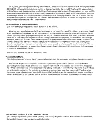 On 11/05/15, pt wasdiagnosedwithlungcancerinherRUL and startedradiationtreatmentforit. Patientpresentedto
ED 11/17/15 withcomplaintsof dizziness,swellingof chestandpaininthe R arm.11/18/15, after a CXR wasconducted
on the affectedarea,itwasshownthat herclavicle wasfractureddue to cancerouscellsbreakingdownherbone andthis
was whatwas causingherpainand decreasedROM.Pt wasdx withosteoporosisin2009 whichmeansthather bonesare
alreadyfragile andare more susceptibletobeinginfiltratedwiththe damagingcancerouscells. The ptalsohas DM2 and
anemia,which impairsherhealingability.Thiscanmake iteasierforherlungcancer to damage her lungtissue since her
bodywill notbe able to heal itself inatimelymanner.
Pathophysiology of Admitting Diagnosis:
(Describe pathophysiology as you would explain it to the patient.)
What youwere recentlydiagnosedwithwaslungcancer. Asyouknow,there are differenttypesof cancerandtheyall
affectthe bodyindifferentways.The waythatlungcancer affectsyourbodyisthat there are certaincellsinthe toppart
of yourrightlungthat are growingandmultiplyingtooquickly. Thesecellseventuallyformamass,or a tumor, whichcan
cause you to have chestpain. Lungcancer can alsocause you to have othersymptoms,like shortnessof breath,cough,
bone pain,andweightlos. If the cancer isnot controlledthroughtreatment,likechemotherapy,thenthe cancerouscells
will have enoughtime totravel tootherareasof yourbody,especiallyyourlymphnoes,liver,bones,adrenalglands
(whichare on topof your kidneys),andbrain. Whenthe cancerspreadsto otherareas,thisiscalledmetastasis.Thishas
unfortunatelyalreadystartedtohappensince the cancerouscellswereable togetinthe bone inyour clavicle andcause
it to become weakandthenfracture.
Source: (Cady & Jackowski,2014) & (Tan & Maghfoor, 2015)
Patient’s Plan of Care:
(Briefly describe patient’scurrentplanof care duringhospitalization,discussrelevantprocedures,therapies,tests,etc.)
To helpwiththe pts superiorvenacava compressionsyndrome,highamountsof IVFare tobe avoidedandan
echocardiogramwasscheduled.Zofranhasbeenprescribedtohelpwithanynauseathe patientmayhave.The patient
has HTN so hermedicationof amlodipineandatenolol isbeingcontinued.Tocontrol herhyperlipidemia,the patientwas
prescribedstatinmedication.The patientisonbedrestsoheparinhasbeenprescribedtopreventDVT andnurse has
beenmade aware to be cautiousof potential deliriumandfall risk.Patent wasalsogivenaslingtoholdup herrightarm
to helprelieve stressonherfracturedclavicle.Nocastisgoingto be made for furtherhealingof the fracturedclavicle.
List 4 Nursing Diagnosis In Order Of Highest Priority:
(Based on your patient’s specific needs, identify four nursing diagnosis and rank them in order of importance,
be sure to include at least one psychosocial diagnosis)
 