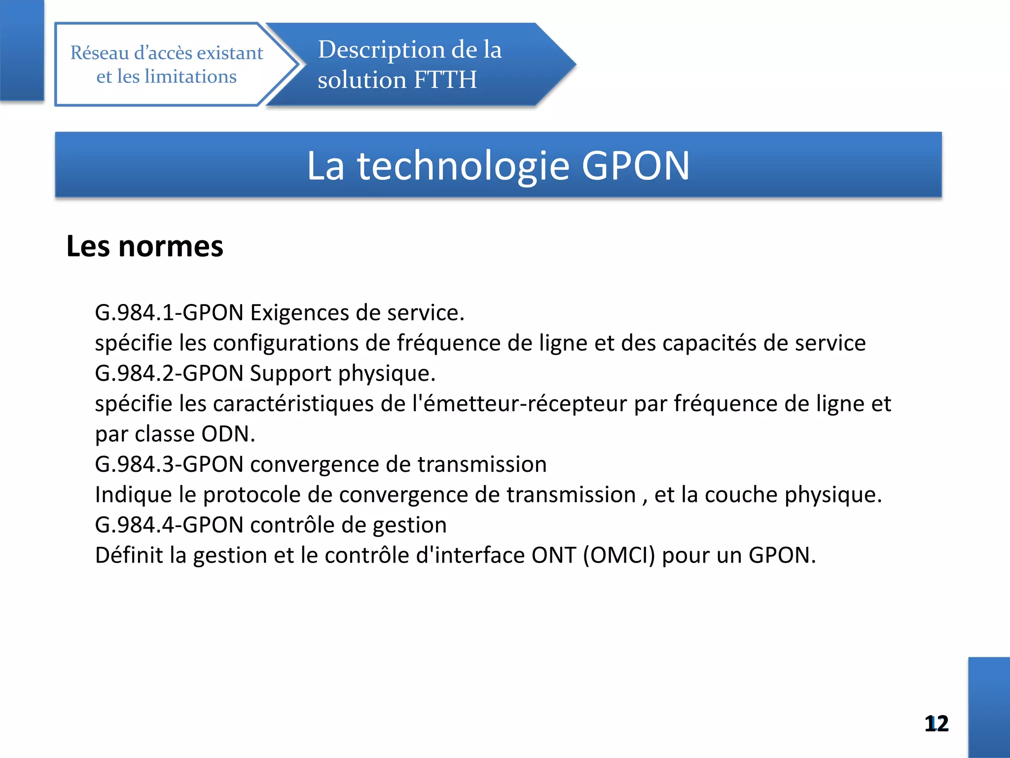 1212
Réseau d’accès existant
et les limitations
Description de la
solution FTTH
La technologie GPON
Les normes
G.984.1-GPON Exigences de service.
spécifie les configurations de fréquence de ligne et des capacités de service
G.984.2-GPON Support physique.
spécifie les caractéristiques de l'émetteur-récepteur par fréquence de ligne et
par classe ODN.
G.984.3-GPON convergence de transmission
Indique le protocole de convergence de transmission , et la couche physique.
G.984.4-GPON contrôle de gestion
Définit la gestion et le contrôle d'interface ONT (OMCI) pour un GPON.
 