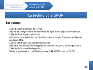 1212
Réseau d’accès existant
et les limitations
Description de la
solution FTTH
La technologie GPON
Les normes
G.984.1-GPON Exigences de service.
spécifie les configurations de fréquence de ligne et des capacités de service
G.984.2-GPON Support physique.
spécifie les caractéristiques de l'émetteur-récepteur par fréquence de ligne et
par classe ODN.
G.984.3-GPON convergence de transmission
Indique le protocole de convergence de transmission , et la couche physique.
G.984.4-GPON contrôle de gestion
Définit la gestion et le contrôle d'interface ONT (OMCI) pour un GPON.
 