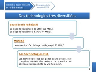 33
Les technologies DSL sur paires cuivre doivent être
comprises comme des moyens de transition en
attendant la disponibilité du vrai haut débit.
une solution d’accès large bande jusqu’à 75 Mbit/s
La plage de fréquence à 26 GHz->100 Mbit/s
La plage de fréquence à 3,5 GHz->4 Mbit/s
Des technologies très diversifiées
Réseau d’accès existant
et les limitations
Description de la
solution FTTH
 