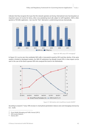 Policy and Regulatory Framework for Governing Internet Applications Study <
43© Detecon International GmbH/TRA Bahrain
indicates that they recognize the issues that the network operators are facing. International voice has long been an
important source of income for telcos, often cross-subsidizing local calls subject to tariff regulation. SMS is often
quoted as THE killer application – but now the “free” alternative is undermining revenues dramatically.
Figure 36: SMS versus OTT messaging88
Figure 37: SMS decline with SmartPhone Growth @ KPN89
7.36
2.25
7.10
2.39
6.78
2.48
2013
7.23
2011
6.55
2012
2.10
7.47
2014
7.52
2015 2016 2017
1.35
1.67
1.91
SMS (mn) IP Msg (mn)
In Figure 33 it can be seen that worldwide SMS traffic is forecasted to peak by 2014 and then decline. If the same
analysis is limited to developed markets, the SMS/ IP substitution has already crossed 25%. A clear impact can be
seen in the case of the Dutch operator KPN who analyzed this trend in the Netherlands.
10
20
30
40
50
60
70
-25
-20
-15
-10
-5
0
5
10
15
Q3-2011Q2-2011Q1-2011Q4-2010Q3-2010Q2-2010Q1-2010
SmartPhone Pentration (%) SMS Growth (Y-o-Y)
According to research,90
every 10% increase in smart-phone penetration reduces voice and messaging revenues by
0.5 – 0.6%
88
	 Ovum Mobile Messaging and Traffic Forecast (2013)
89
	 KPN Investor Relations
90
	 Informa 2011
 