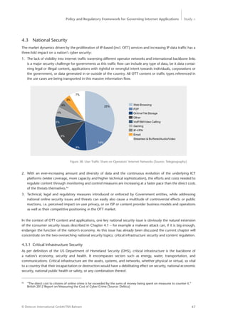 Policy and Regulatory Framework for Governing Internet Applications Study <
47© Detecon International GmbH/TRA Bahrain
95
	 “The direct cost to citizens of online crime is far exceeded by the sums of money being spent on measures to counter it.” 	
	 British 2012 Report on Measuring the Cost of Cyber Crime (Source: Deltica)
4.3	 National Security
The market dynamics driven by the proliferation of IP-based (incl. OTT) services and increasing IP data traffic has a
three-fold impact on a nation’s cyber security:
1.	 The lack of visibility into internet traffic traversing different operator networks and international backbone links
is a major security challenge for governments as this traffic flow can include any type of data, be it data contai-
ning legal or illegal content, applications with rightful or wrongful intent towards individuals, corporations or
the government, or data generated in or outside of the country. All OTT content or traffic types referenced in
the use cases are being transported in this massive information flow.
Figure 38: User Traffic Share on Operators’ Internet Networks (Source: Telegeography)
14%
25%
9%
9%
5%
4%
4%
7%
3%
Web Browsing
P2P
Online File Storage
Other
Gaming
VoIP/IM/Video Calling
IP-VPN
Email
Streamed & BufferedAudio/Video
2.	 With an ever-increasing amount and diversity of data and the continuous evolution of the underlying ICT
platforms (wider coverage, more capacity and higher technical sophistication), the efforts and costs needed to
regulate content through monitoring and control measures are increasing at a faster pace than the direct costs
of the threats themselves.95
3.	 Technical, legal and regulatory measures introduced or enforced by Government entities, while addressing
national online security issues and threats can easily also cause a multitude of controversial effects or public
reactions, i.e. perceived impact on user privacy, or on ISP or content provider business models and operations
as well as their competitive positioning in the OTT market.
In the context of OTT content and applications, one key national security issue is obviously the natural extension
of the consumer security issues described in Chapter 4.1 – for example a malware attack can, if it is big enough,
endanger the function of the nation’s economy. As this issue has already been discussed the current chapter will
concentrate on the two overarching national security topics: critical infrastructure security and content regulation.
4.3.1	 Critical Infrastructure Security
As per definition of the US Department of Homeland Security (DHS), critical infrastructure is the backbone of
a nation’s economy, security and health. It encompasses sectors such as energy, water, transportation, and
­communications. Critical infrastructure are the assets, systems, and networks, whether physical or virtual, so vital
to a country that their incapacitation or destruction would have a debilitating effect on security, national economic
security, national public health or safety, or any combination thereof.
 