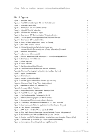> Study Policy and Regulatory Framework for Governing Internet Applications
© Detecon International GmbH/TRA Bahrain4
List of Figures
Figure 1: 	 Global IP Traffic1	 6
Figure 2: 	 Top 10 Internet Company IPO over the last decade	 7
Figure 3: 	 Use cases classification	 8
Figure 4: 	 Examples of OTT Voice/ Video services	 9
Figure 5: 	 Global OTT mVoIP subscribers	 10
Figure 6: 	 Valuation and revenues of Skype	 10
Figure 7: 	 Examples of OTT Communications Messaging Services	 11
Figure 8: 	 Total in-bound and outbound messages processed per day	 12
Figure 9: 	 Examples of OTT Media Providers	 13
Figure 10: 	Hours of Video uploaded per minute on Youtube	 13
Figure 11: 	OTT Video Revenue Forecast	 14
Figure 12: 	Mobile Network Data Traffic in the Middle East -
Average Monthly Consumption per Wireless Subscription (Forecast)	 15
Figure 13: 	Elements of eCommerce	 15
Figure 14: 	eCommerce Sales worldwide	 16
Figure 15: 	BitCoin price and Volume Fluctuations (2 month) until October 2013	 16
Figure 16: 	Examples of Internet Services	 17
Figure 17: 	Cloud Spending	 17
Figure 18: 	Social networks	 18
Figure 19: 	Facebook Users, Global Estimate	 19
Figure 20: 	Time spent on Social Media (bn minutes, worldwide)	 20
Figure 2Z: 	Number of photographs uploaded and shared per day (mn)	 20
Figure 22: 	Other internet content	 21
Figure 23: 	Internet Users	 22
Figure 24: 	Growth in Online Gambling	 22
Figure 25: 	What Happens In An Internet Minute? (Source: Intel)	 23
Figure 26: 	Number of daily “Snaps” from Snapchat (Mn)	 24
Figure 27: 	Malware Encounter Rate (October 2013)	 28
Figure 28: 	Privacy and Data Protection	 29
Figure 29: 	Business Continuity Management (Detecon 2013)	 33
Figure 30: 	Top Web Malware Types (2012)	 34
Figure 31: 	Top Ten Spam e-Mail Categories (2010-11)	 35
Figure 32: 	Options for managing the use of OTT Services	 36
Figure 33: 	Decoupling of Telecom Layers (Source: Detecon)	 37
Figure 34: 	Summary of the international treatment of OTT voice providers	 39
Figure 35: 	Business models of Internet Application Providers (Source: Detecon)	 42
Figure 36: 	SMS versus OTT messaging	 43
Figure 37: 	SMS decline with SmartPhone Growth @ KPN89	 43
Figure 38: 	User Traffic Share on Operators’ Internet Networks (Source: Telegeography)	 47
Figure 39: 	Lawful Intercept in IMS-based Networks (Source: Safesoft)	 49
Figure 40: 	Posting from NCSA’s National Cyber Security Awareness Campaign (Source: NCSA)	 52
Figure 41: 	Twitter usage by country in 2012 (Source: globalwebindex.net)	 54
Figure 42: 	Convergence of regulatory tasks and legal frameworks	 62
 