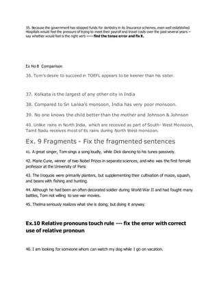 35. Because the government has stopped funds for dentistry in its Insurance schemes, even well established
Hospitals would feel the pressure of trying to meet their payroll and travel costs over the past several years –
say whether would feel is the right verb ---- find the tense error and fix it.
Ex No 8 Comparison
36. Tom’s desire to succeed in TOEFL appears to be keener than his sister.
37. Kolkata is the largest of any other city in India
38. Compared to Sri Lanka’s monsoon, India has very poor monsoon.
39. No one knows the child better than the mother and Johnson & Johnson
40. Unlike rains in North India, which are received as part of South- West Monsoon,
Tamil Nadu receives most of its rains during North West monsoon.
Ex. 9 Fragments - Fix the fragmented sentences
41. A great singer, Tom sings a song loudly, while Dick dancing to his tunes passively.
42. Marie Curie, winner of two Nobel Prizes in separate sciences, and who was the first female
professor at the University of Paris
43. The Iroquois were primarily planters, but supplementing their cultivation of maize, squash,
and beans with fishing and hunting.
44. Although he had been an often decorated soldier during World War II and had fought many
battles, Tom not willing to see war movies.
45. Thelma seriously realizes what she is doing, but doing it anyway.
Ex.10 Relative pronouns touch rule --- fix the error with correct
use of relative pronoun
46. I am looking for someone whom can watch my dog while I go on vacation.
 