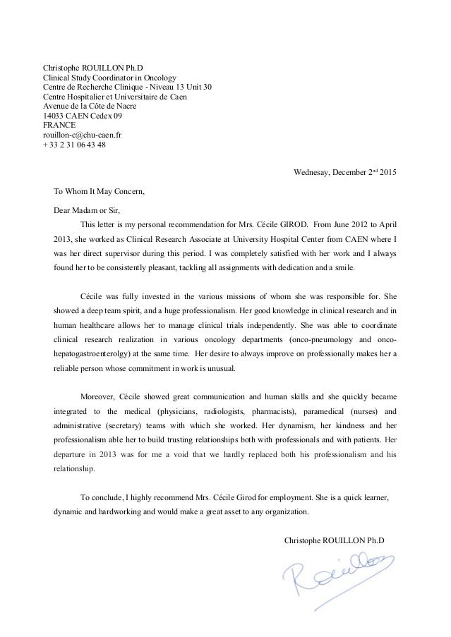 recommendation letter caen university hospital letter of recommendation research