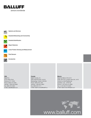 USA
Balluff Inc.
8125 Holton Drive
Florence, KY 41042
Phone: (859) 727-2200
Toll-free: 1-800-543-8390
Fax: (859) 727-4823
E-Mail: balluff@balluff.com
Canada
Balluff Canada, Inc.
2840 Argentia Road, Unit #2
Mississauga, Ontario L5N 8G4
Phone: (905) 816-1494
Toll-free: 1-800-927-9654
Fax: (905) 816-1411
E-Mail: balluff.canada@balluff.ca
www.balluff.com
Mexico
Balluff de México SA de CV
Anillo Vial II Fray Junípero Serra No. 4416
Colonia La Vista Residencial.
Querétaro, Qro. CP76146
Phone: (++52 442) 212-4882
Fax: (++52 442) 214-0536
E-Mail: balluff.mexico@balluff.com
Object Detection
Linear Position Sensing and Measurement
Fluid Sensors
Industrial Identification
Industrial Networking and Connectivity
Accessories
Systems and Services
 