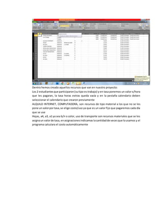 Dentro hemos creado aquellos recursos que van en nuestro proyecto:
Los 2 estudiantesque participaron (sutipo es trabajo) y en tasa ponemos un valor x/hora
que les pagaran, la tasa horas extras queda vacía y en la pestaña calendario deben
seleccionar el calendario que crearon previamente
ALQUILO INTERNET, COMPUTADORA, son recursos de tipo material a los que no se les
pone un valorpor tasa,se elige costo/uso ya que es un valor fijo que pagaremos cada día
que se use
Hojas, a4, a3, a1 ya sea b/n o color, uso de transporte son recursos materiales que se les
asignaun valorde tasa, enasignacionesindicamos lacantidadde vecesque lousamos y el
programa calculara el costo automáticamente
 