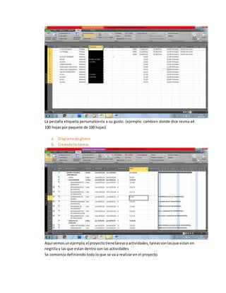 La pestaña etiqueta personalícenla a su gusto. (ejemplo: cambien donde dice resma a4
100 hojas por paquete de 100 hojas)
a. Diagrama de ghann
b. Creandolastareas
Aquí vemosunejemplo;el proyectotienetareasyactividades,tareassonlasque estan en
negrilla y las que estan dentro son las actividades
Se comienza definiendo todo lo que se va a realizar en el proyecto
 