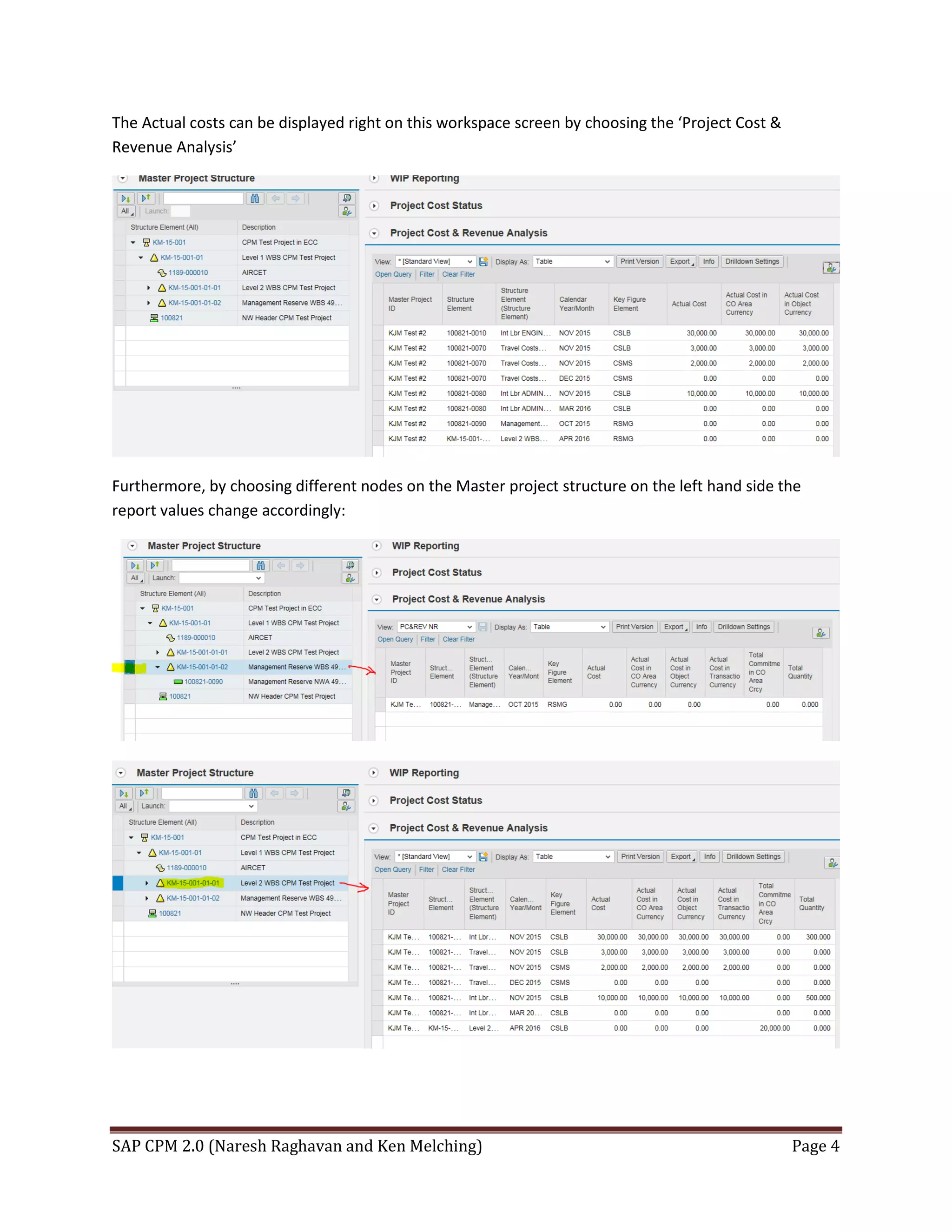 SAP CPM 2.0 (Naresh Raghavan and Ken Melching) Page 4
The Actual costs can be displayed right on this workspace screen by choosing the ‘Project Cost &
Revenue Analysis’
Furthermore, by choosing different nodes on the Master project structure on the left hand side the
report values change accordingly:
 