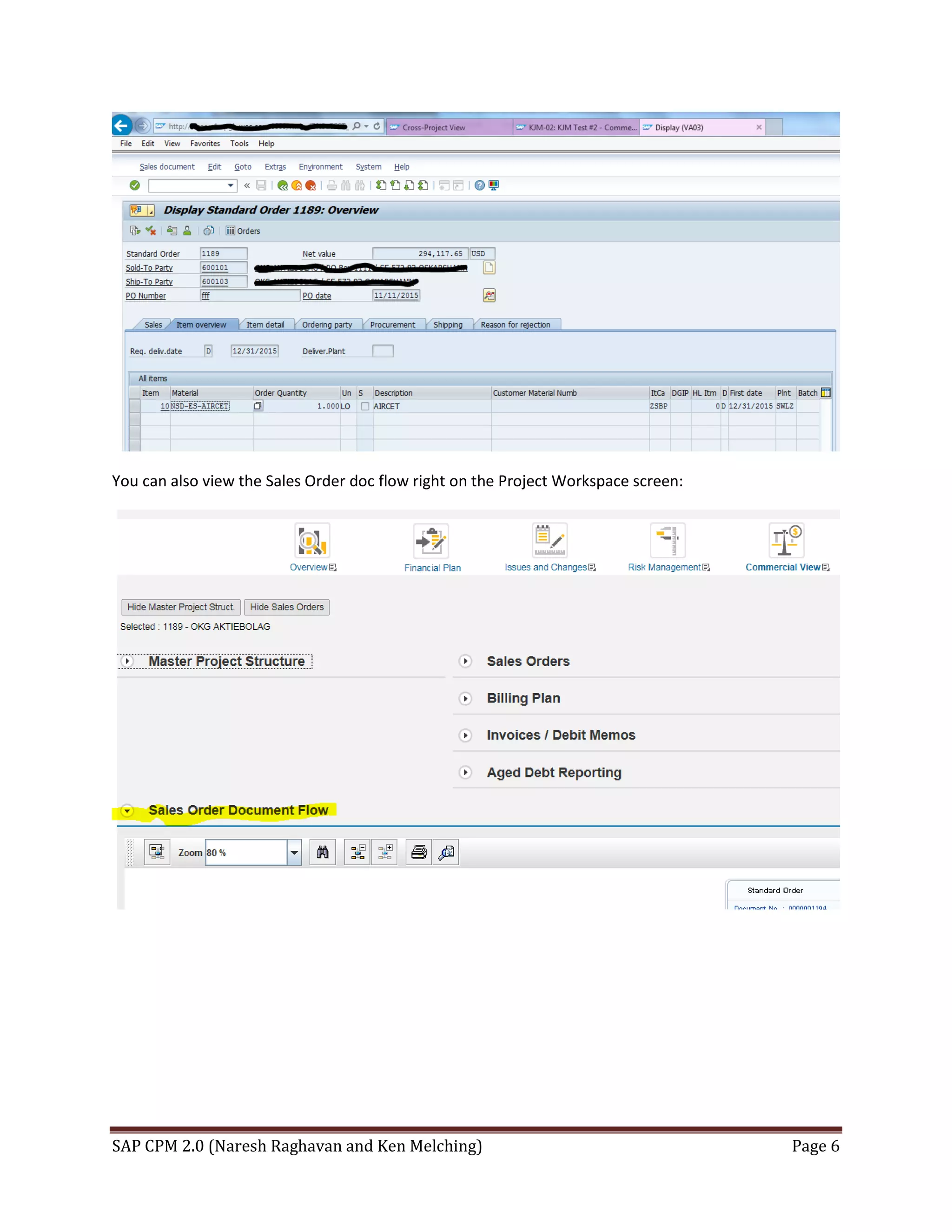 SAP CPM 2.0 (Naresh Raghavan and Ken Melching) Page 6
You can also view the Sales Order doc flow right on the Project Workspace screen:
 