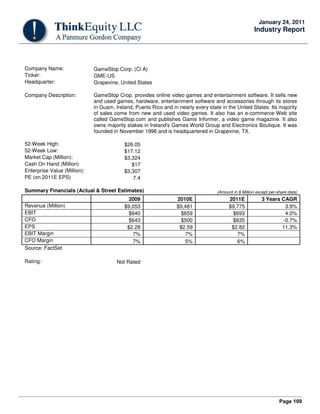 Page 109
January 24, 2011
Industry Report
Company Name: GameStop Corp. (Cl A)
Ticker: GME-US
Headquarter: Grapevine, United States
Company Description: GameStop Crop. provides online video games and entertainment software. It sells new
and used games, hardware, entertainment software and accessories through its stores
in Guam, Ireland, Puerto Rico and in nearly every state in the United States. Its majority
of sales come from new and used video games. It also has an e-commerce Web site
called GameStop.com and publishes Game Informer, a video game magazine. It also
owns majority stakes in Ireland's Games World Group and Electronics Boutique. It was
founded in November 1996 and is headquartered in Grapevine, TX.
52-Week High: $26.05
52-Week Low: $17.12
Market Cap (Million): $3,324
Cash On Hand (Million) $17
Enterprise Value (Million): $3,307
PE (on 2011E EPS) 7.4
Summary Financials (Actual & Street Estimates) (Amount in $ Million except per-share data)
2009 2010E 2011E 3 Years CAGR
Revenue (Million) $9,053 $9,481 $9,775 3.9%
EBIT $640 $659 $693 4.0%
CFO $643 $500 $635 -0.7%
EPS $2.28 $2.59 $2.82 11.3%
EBIT Margin 7% 7% 7%
CFO Margin 7% 5% 6%
Source: FactSet
Rating: Not Rated
 