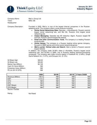 Page 121
January 24, 2011
Industry Report
Company Name: Mail.ru Group Ltd.
Ticker: MAIL-GB
Headquarter:
Company Description: Founded in 2005, Mail.ru is one of the largest Internet companies in the Russian-
speaking world. The company offers a suite products including:
• Online Social Networking Sites. Operates —Odnoklassniki, Russia’s second
largest social networking site, and Moi Mir, Russia’s third largest social
networking site.
• Instant Messaging. Operates two IM networks—Agent, Russia’s largest IM
and ICQ, Russia’s second largest IM network.
• Email and other Communication Tools. The company is a leading Russian
email provider.
• Online Games. The company is a Russian leading online games company,
focused on MMO games and online social networking games.
• Mail.ru portal, Vertical sites and Search. Mail.ru portal is Russia’s second
largest website.
In addition, the company holds 24.99% stake in vKontakte, Russia’s largest social
networking site, and 25.09% in QIWI, one of Russia’s leading payment-processing
companies. The company also holds minority stakes in Facebook Inc. (2.38%), Zynga
Game Network Inc. (1.47%), and Groupon Inc. (5.13%)
52-Week High: $39.00
52-Week Low: $33.85
Market Cap (Million): $3,108
Cash On Hand (Million) NM
Enterprise Value (Million): NM
PE (on 2011E EPS) NM
2009 2010E 2011E 3 Years CAGR
Revenue (Million) 148.3 NM NM NM
EBIT (14.0) NM NM NM
CFO NM NM NM NM
EPS NM NM NM NM
EBIT Margin NM NM NM NM
CFO Margin NM NM NM NM
Source: FactSet
Rating: Not Rated
 