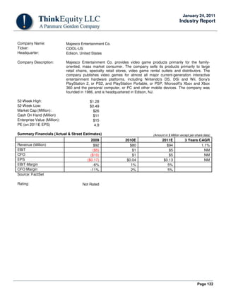 Page 122
January 24, 2011
Industry Report
Company Name: Majesco Entertainment Co.
Ticker: COOL-US
Headquarter: Edison, United States
Company Description: Majesco Entertainment Co. provides video game products primarily for the family-
oriented, mass market consumer. The company sells its products primarily to large
retail chains, specialty retail stores, video game rental outlets and distributors. The
company publishes video games for almost all major current-generation interactive
entertainment hardware platforms, including Nintendo's DS, DSi and Wii, Sony's
PlayStation 2, or PS2, and PlayStation Portable, or PSP, Microsoft's Xbox and Xbox
360 and the personal computer, or PC and other mobile devices. The company was
founded in 1986, and is headquartered in Edison, NJ.
52-Week High: $1.28
52-Week Low: $0.49
Market Cap (Million): $26
Cash On Hand (Million) $11
Enterprise Value (Million): $15
PE (on 2011E EPS) 4.9
Summary Financials (Actual & Street Estimates) (Amount in $ Million except per-share data)
2009 2010E 2011E 3 Years CAGR
Revenue (Million) $92 $80 $94 1.1%
EBIT ($5) $1 $5 NM
CFO ($10) $1 $5 NM
EPS ($0.17) $0.04 $0.13 NM
EBIT Margin -6% 1% 5%
CFO Margin -11% 2% 5%
Source: FactSet
Rating: Not Rated
 
