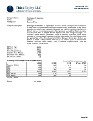Page 127
January 24, 2011
Industry Report
Company Name: NetDragon Websoft Inc.
Ticker: 777-HK
Headquarter: Fuzhou, China
Company Description: NetDragon Websoft Inc. is a participant in China's online gaming industry. Established
in 1999, NetDragon has been operating and developing a broad range of MMORPGs
since launching its first self-made title, Monster & Me, in 2002. In addition, NetDragon is
China's pioneer in overseas expansion, having directly operated its titles in overseas
markets since 2004 in English, French, Spanish and other foreign languages. The
company’s game portfolio comprises a range of massively multiplayer online games
that cater to various types of players and gaming preferences. Current offerings include
the games Way of the Five, Eudemons Online, Conquer Online, Zero Online, and
Heroes of Might & Magic Online. The Group has several games in development,
including Tian Yuan, Disney Fantasy Online, CJ7 Online, Dungeon Keeper Online and
a new version of Ultima Online.
52-Week High: $0.66
52-Week Low: $0.41
Market Cap (Million): $228
Cash On Hand (Million) $177
Enterprise Value (Million): $52
PE (on 2011E EPS) 6.3
Summary Financials (Actual & Street Estimates) (Amount in $ Million except per-share data)
2009 2010E 2011E 3 Years CAGR
Revenue (Million) NM $86 $119 NM
EBIT NM $10 $40 NM
CFO NM NM NM NM
EPS $0.02 $0.02 $0.07 67.7%
EBIT Margin NM 11% 33%
CFO Margin NM NM NM
Source: FactSet
Rating: Not Rated
 