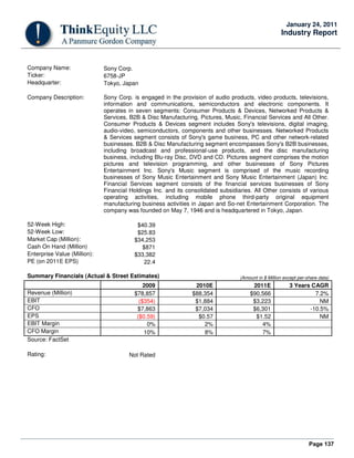 Page 137
January 24, 2011
Industry Report
Company Name: Sony Corp.
Ticker: 6758-JP
Headquarter: Tokyo, Japan
Company Description: Sony Corp. is engaged in the provision of audio products, video products, televisions,
information and communications, semiconductors and electronic components. It
operates in seven segments: Consumer Products & Devices, Networked Products &
Services, B2B & Disc Manufacturing, Pictures, Music, Financial Services and All Other.
Consumer Products & Devices segment includes Sony's televisions, digital imaging,
audio-video, semiconductors, components and other businesses. Networked Products
& Services segment consists of Sony's game business, PC and other network-related
businesses. B2B & Disc Manufacturing segment encompasses Sony's B2B businesses,
including broadcast and professional-use products, and the disc manufacturing
business, including Blu-ray Disc, DVD and CD. Pictures segment comprises the motion
pictures and television programming, and other businesses of Sony Pictures
Entertainment Inc. Sony's Music segment is comprised of the music recording
businesses of Sony Music Entertainment and Sony Music Entertainment (Japan) Inc.
Financial Services segment consists of the financial services businesses of Sony
Financial Holdings Inc. and its consolidated subsidiaries. All Other consists of various
operating activities, including mobile phone third-party original equipment
manufacturing business activities in Japan and So-net Entertainment Corporation. The
company was founded on May 7, 1946 and is headquartered in Tokyo, Japan.
52-Week High: $40.39
52-Week Low: $25.83
Market Cap (Million): $34,253
Cash On Hand (Million) $871
Enterprise Value (Million): $33,382
PE (on 2011E EPS) 22.4
Summary Financials (Actual & Street Estimates) (Amount in $ Million except per-share data)
2009 2010E 2011E 3 Years CAGR
Revenue (Million) $78,857 $88,354 $90,566 7.2%
EBIT ($354) $1,884 $3,223 NM
CFO $7,863 $7,034 $6,301 -10.5%
EPS ($0.59) $0.57 $1.52 NM
EBIT Margin 0% 2% 4%
CFO Margin 10% 8% 7%
Source: FactSet
Rating: Not Rated
 