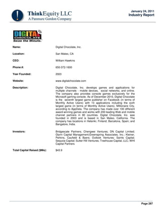 Page 287
January 24, 2011
Industry Report
Name: Digital Chocolate, Inc.
Location: San Mateo, CA
CEO: William Hawkins
Phone #: 650-372-1600
Year Founded: 2003
Website: www.digitalchocolate.com
Description: Digital Chocolate, Inc. develops games and applications for
multiple channels - mobile devices, social networks, and online.
The company also provides console games exclusively for the
Microsoft gaming console. As of December 2010, Digital Chocolate
is the seventh largest game publisher on Facebook (in terms of
Monthly Active Users) with 13 applications including the sixth
largest game (in terms of Monthly Active Users), Millionaire City,
according to AppData. The company has made over 100 different
award-winning games and works with 200 leading Web and mobile
channel partners in 80 countries. Digital Chocolate, Inc. was
founded in 2003 and is based in San Mateo, California. The
company has locations in Helsinki, Finland; Barcelona, Spain; and
Bangalore, India.
Investors: Bridgescale Partners; Chengwei Ventures; DN Capital Limited;
Glynn Capital Management;Greenspring Associates, Inc.; Kleiner,
Perkins, Caufield & Byers; Outlook Ventures; Saints Capital;
Sequoia Capital; Sutter Hill Ventures; Treehouse Capital, LLC; WHI
Capital Partners
Total Capital Raised ($Ms): $43.9
 