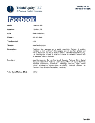Page 293
January 24, 2011
Industry Report
Name: Facebook, Inc.
Location: Palo Alto, CA
CEO: Mark Zuckerberg
Phone #: 650-543-4800
Year Founded: 2004
Website: www.facebook.com
Description: Facebook, Inc. operates as a social networking Website. It enables
members to look up friend’s Web pages, as well as share photos and
videos. Facebook, Inc. has a strategic alliance with The Nielsen Company.
The company was founded in 2004 and is based in Palo Alto, California with
an operation in Hanoi, Vietnam.
Investors: Accel Management Co, Inc.; Econa AG; Elevation Partners; Glynn Capital
Management;Greylock Partners; Mail.ru Group; MeriTech Capital Partners;
Microsoft Corporation; Millennium Technology Ventures; Piper Jaffray
Private Capital Group; Saints Capital; Technology Crossover Ventures; The
Founders Fund; Western Technology Investment
Total Capital Raised ($Ms): $601.2
 