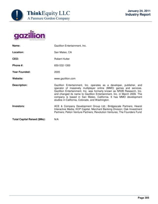 Page 305
January 24, 2011
Industry Report
Name: Gazillion Entertainment, Inc.
Location: San Mateo, CA
CEO: Robert Hutter
Phone #: 650-532-1300
Year Founded: 2005
Website: www.gazillion.com
Description: Gazillion Entertainment, Inc. operates as a developer, publisher, and
operator of massively multiplayer online (MMO) games and services.
Gazillion Entertainment, Inc. was formerly known as NR2B Research, Inc.
and changed its name to Gazillion Entertainment, Inc. in March 2009. The
company is based in San Mateo, California. It has MMO development
studios in California, Colorado, and Washington.
Investors: ACE & Company Development Group Ltd.; Bridgescale Partners; Hearst
Interactive Media; KCP Capital, Merchant Banking Division; Oak Investment
Partners; Pelion Venture Partners; Revolution Ventures; The Founders Fund
Total Capital Raised ($Ms): N/A
 