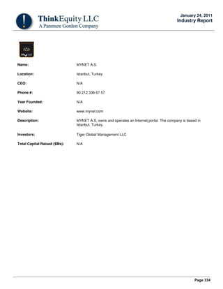 Page 334
January 24, 2011
Industry Report
Name: MYNET A.S.
Location: Istanbul, Turkey
CEO: N/A
Phone #: 90 212 336 67 57
Year Founded: N/A
Website: www.mynet.com
Description: MYNET A.S. owns and operates an Internet portal. The company is based in
Istanbul, Turkey.
Investors: Tiger Global Management LLC
Total Capital Raised ($Ms): N/A
 