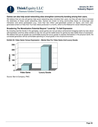 Page 36
January 24, 2011
Industry Report
Games can also help social networking sites strengthen community bonding among their users.
We believe that not only will games help social networking sites monetize their users, but they will also help to increase
the stickiness of these social networking sites. Games are known to bring communities closer, to encourage user
interaction and active participation (e.g., more than two million user-generated content on Spore, and more user-
generated content on Halo than YouTube videos produced in a month), which is the lifeblood for social networking sites.
Broadening The Monetization Potential Beyond “Level-Up” To Self Expression
By including real-life friends in the gameplay, social games are not just about achievement bragging-rights but also about
self-expression and thus allow vendors to tap into not just the wallet share for games but also wallet share of expression.
We believe that just as people are comfortable buying the luxury goods to express themselves in the physical world, the
connected generation will be comfortable spending on virtual goods in the virtual environment.
Exhibit 35: Video Game Versus Expression – Market Size For Video Game And Luxury Goods
0
50
100
150
200
250
$Billion
Video Game Luxury Goods
Source: Bain & Company, PWC
 